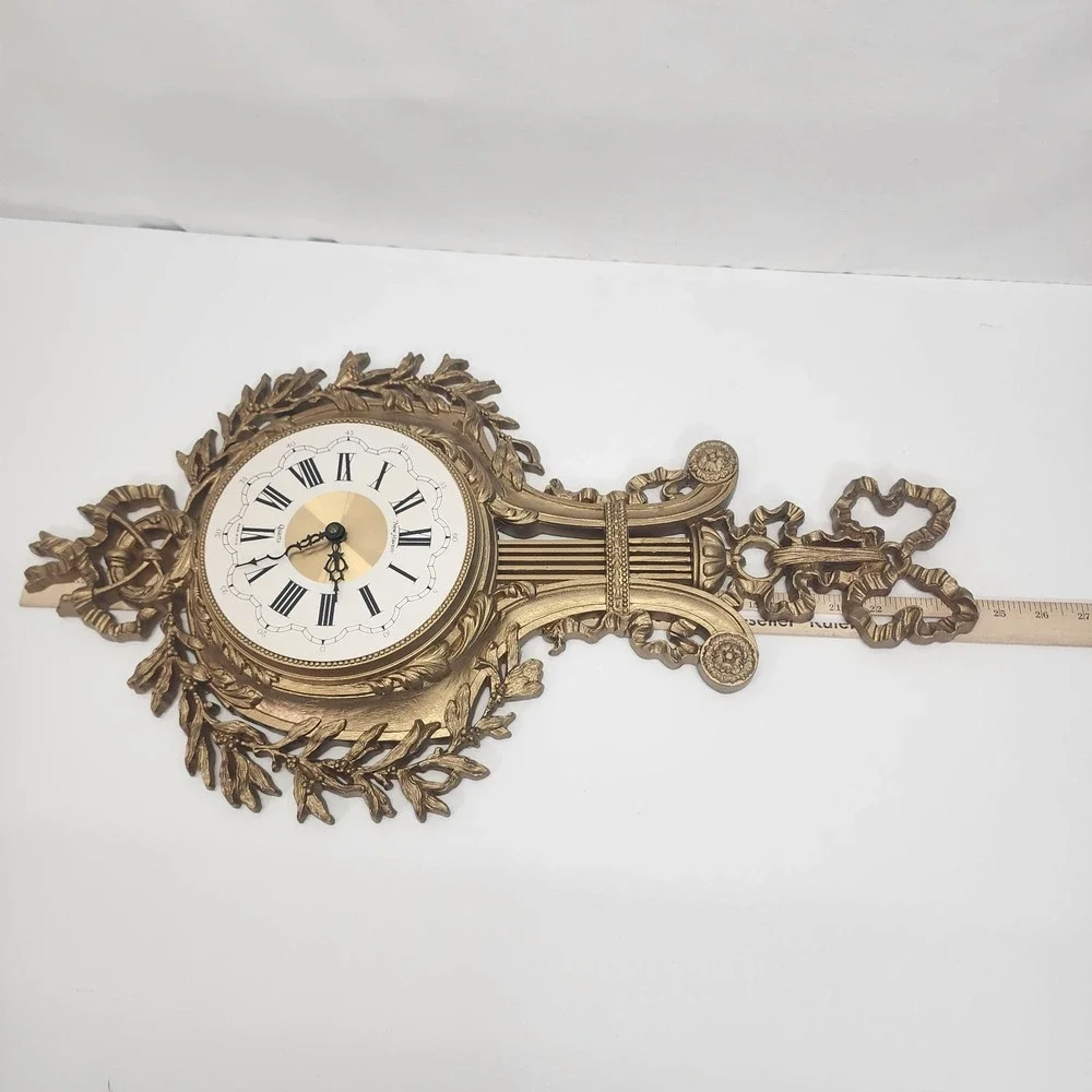 Vintage New Haven Burwood Gold Lyre Wall Clock Quartz USA Hollywood Regency